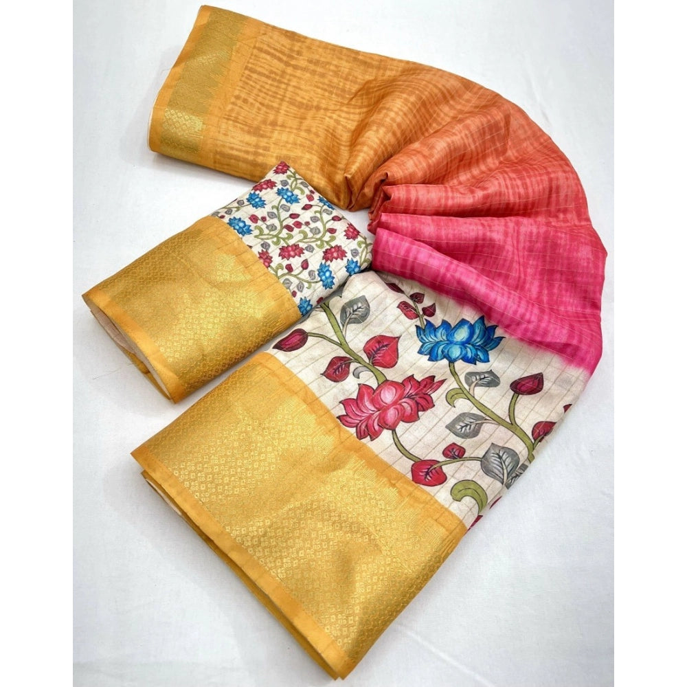 Generic Women's Cotton Blend Floral Printed Saree With Unstitched Blouse 5.5Mtr (Yellow)