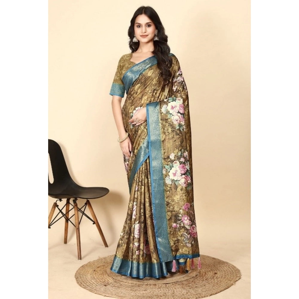 Generic Women's Cotton Blend Floral Printed Saree With Unstitched Blouse 5.5Mtr (Multicolor)