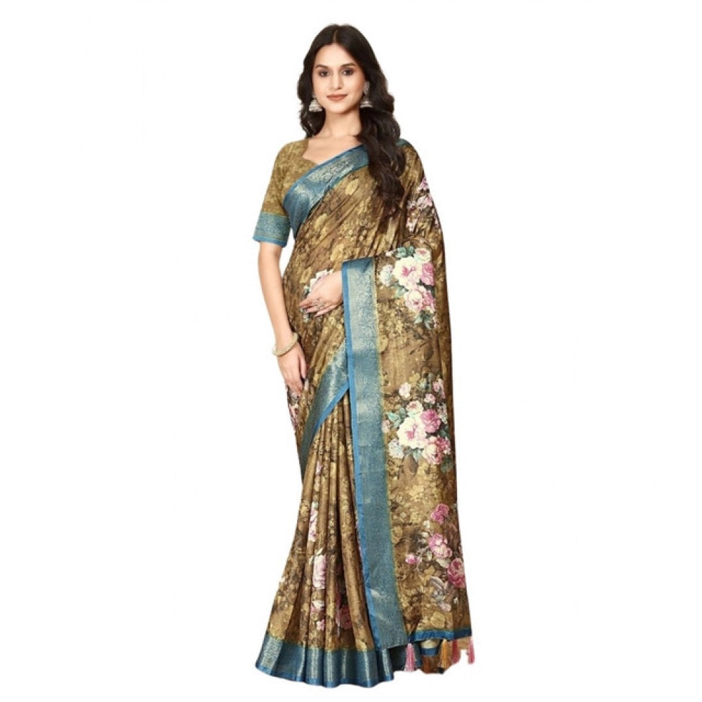 Generic Women's Cotton Blend Floral Printed Saree With Unstitched Blouse 5.5Mtr (Multicolor)