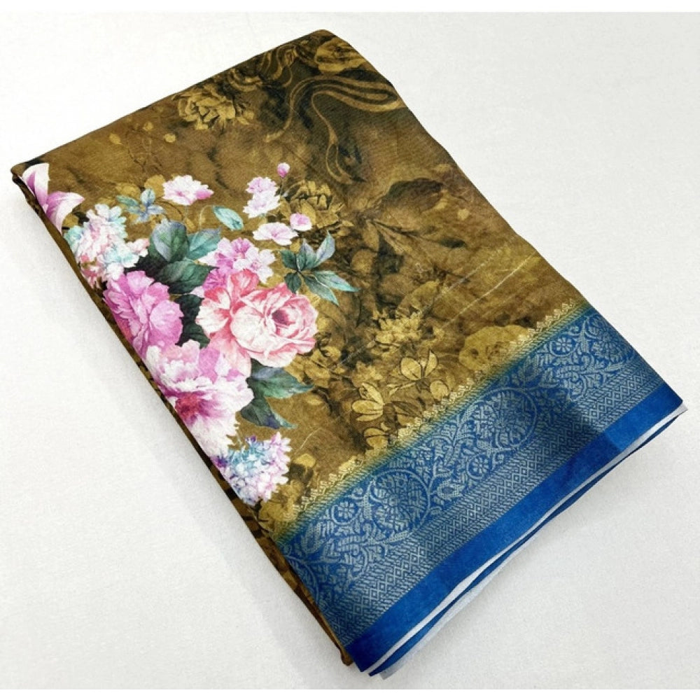 Generic Women's Cotton Blend Floral Printed Saree With Unstitched Blouse 5.5Mtr (Multicolor)