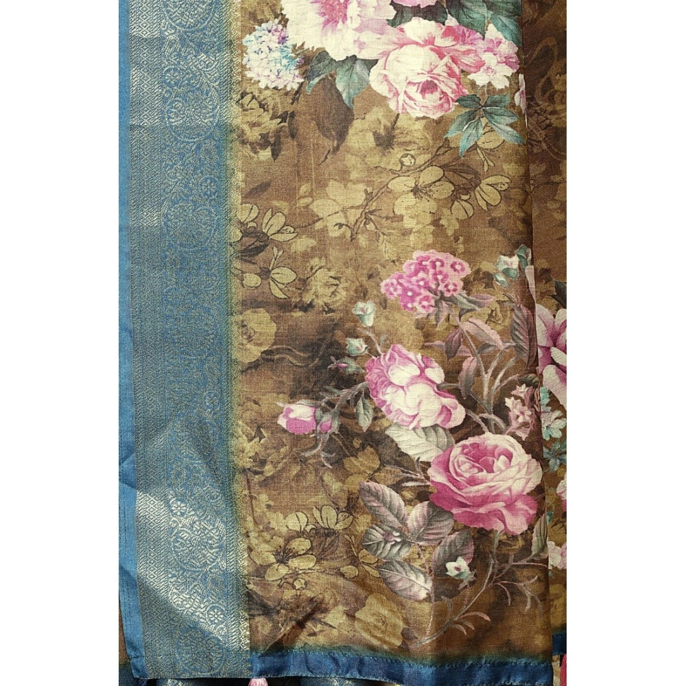 Generic Women's Cotton Blend Floral Printed Saree With Unstitched Blouse 5.5Mtr (Multicolor)