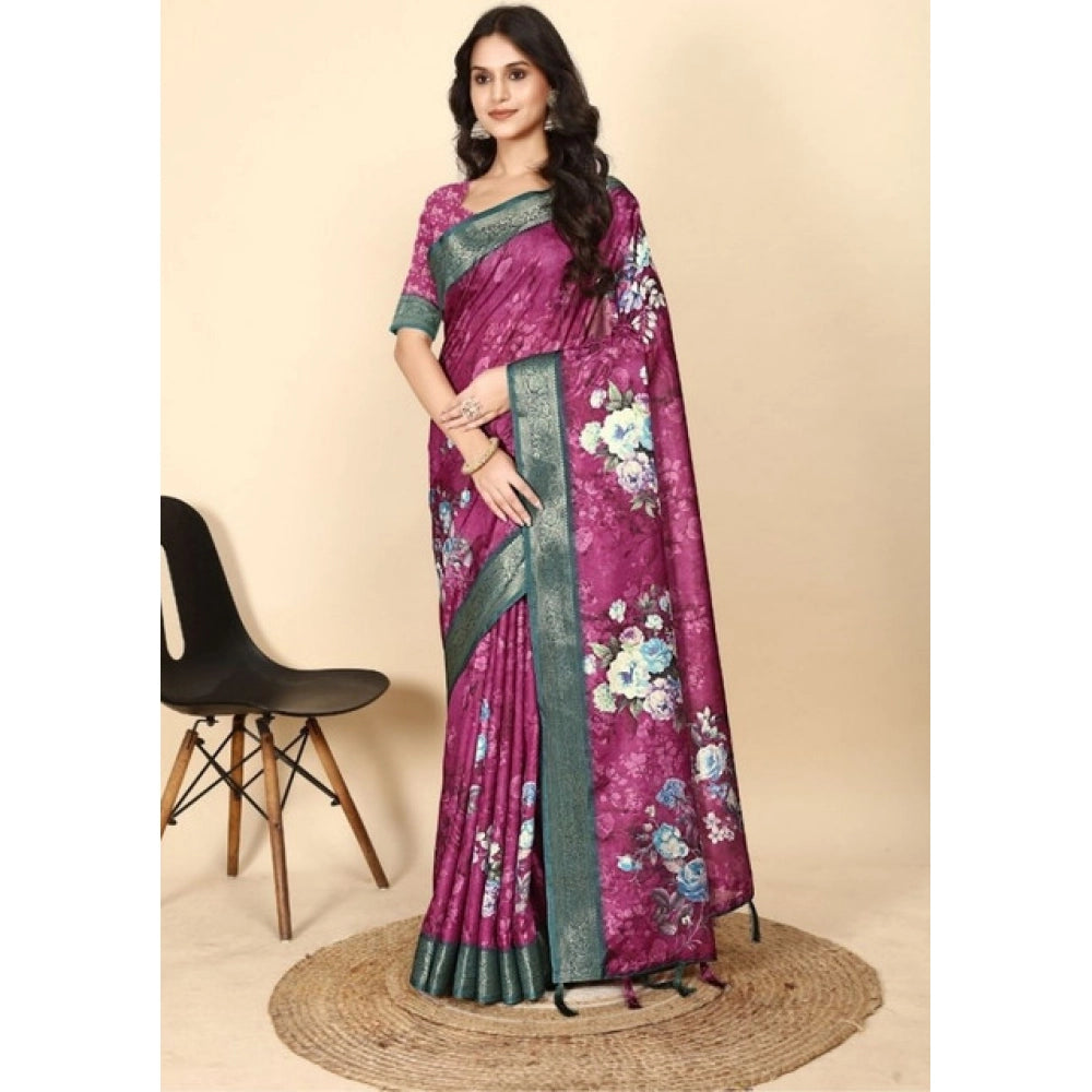 Generic Women's Cotton Blend Floral Printed Saree With Unstitched Blouse 5.5Mtr (Multicolor)