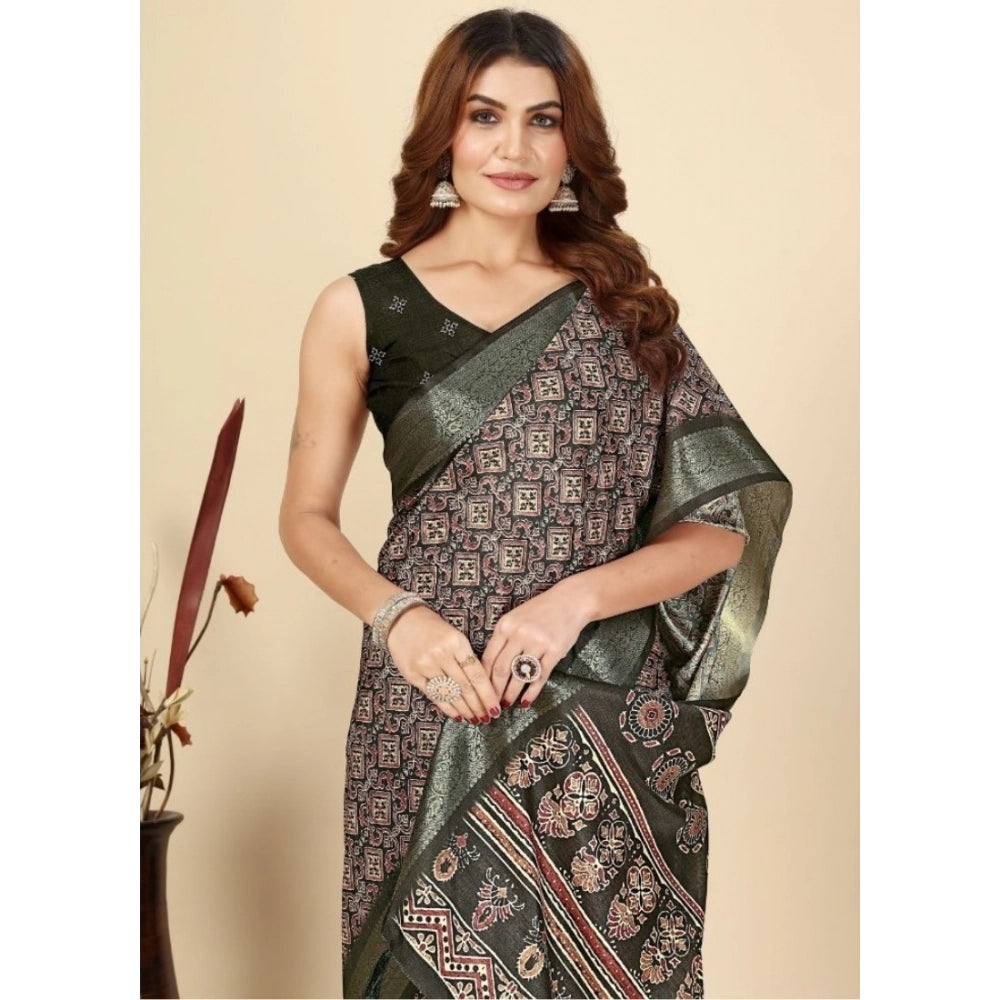 Generic Women's Cotton Blend Printed Saree With Unstitched Blouse 5.5Mtr (Black)