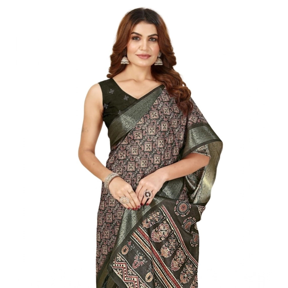Generic Women's Cotton Blend Printed Saree With Unstitched Blouse 5.5Mtr (Black)
