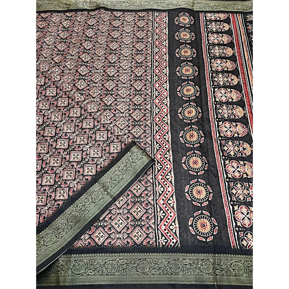Generic Women's Cotton Blend Printed Saree With Unstitched Blouse 5.5Mtr (Black)