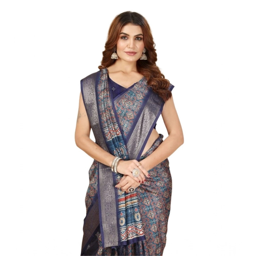 Generic Women's Cotton Blend Printed Saree With Unstitched Blouse 5.5Mtr (Blue)
