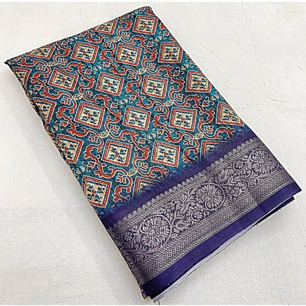 Generic Women's Cotton Blend Printed Saree With Unstitched Blouse 5.5Mtr (Blue)