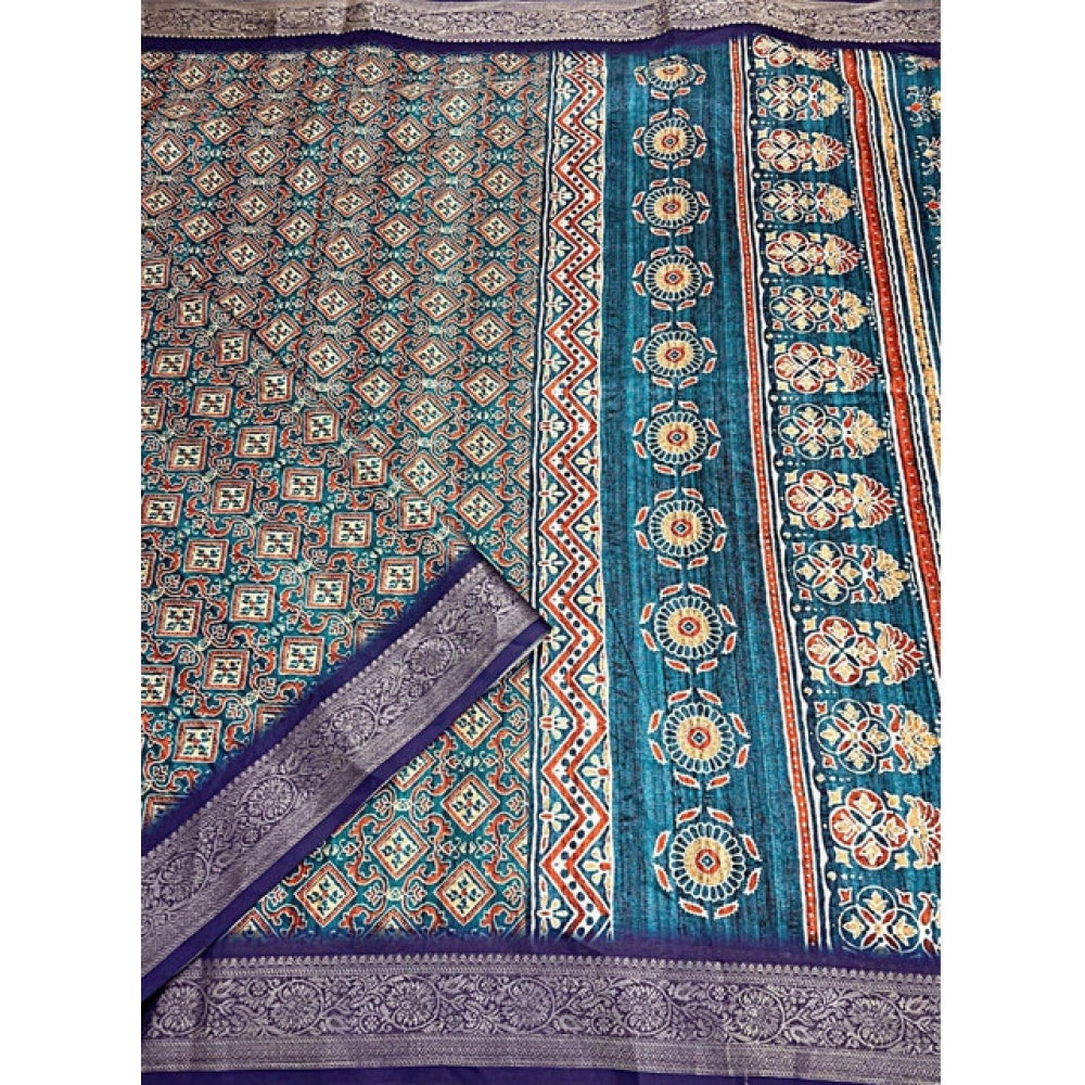 Generic Women's Cotton Blend Printed Saree With Unstitched Blouse 5.5Mtr (Blue)