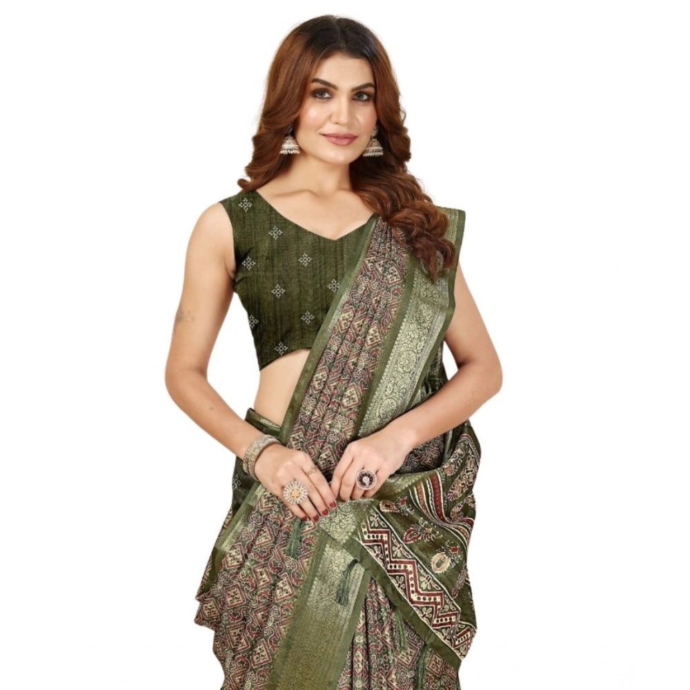 Generic Women's Cotton Blend Printed Saree With Unstitched Blouse 5.5Mtr (Green)