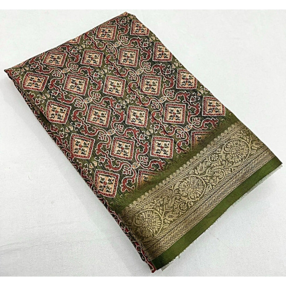 Generic Women's Cotton Blend Printed Saree With Unstitched Blouse 5.5Mtr (Green)