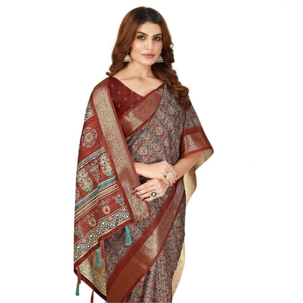 Generic Women's Cotton Blend Printed Saree With Unstitched Blouse 5.5Mtr (Multicolor)