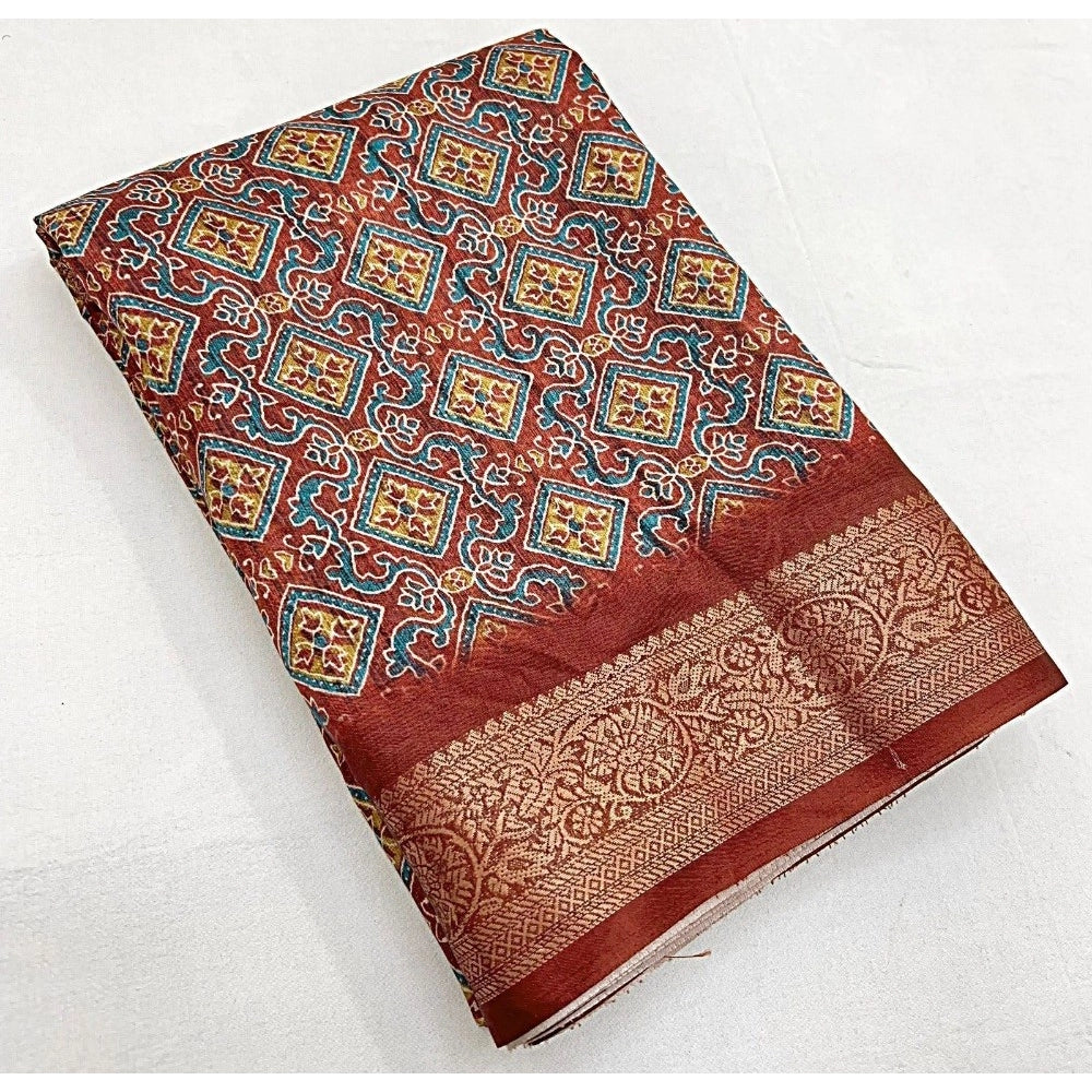 Generic Women's Cotton Blend Printed Saree With Unstitched Blouse 5.5Mtr (Multicolor)