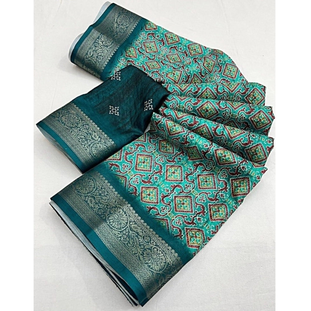 Generic Women's Cotton Blend Printed Saree With Unstitched Blouse 5.5Mtr (Rama)