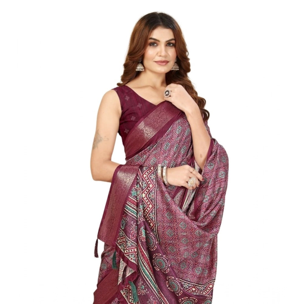 Generic Women's Cotton Blend Printed Saree With Unstitched Blouse 5.5Mtr (Wine)
