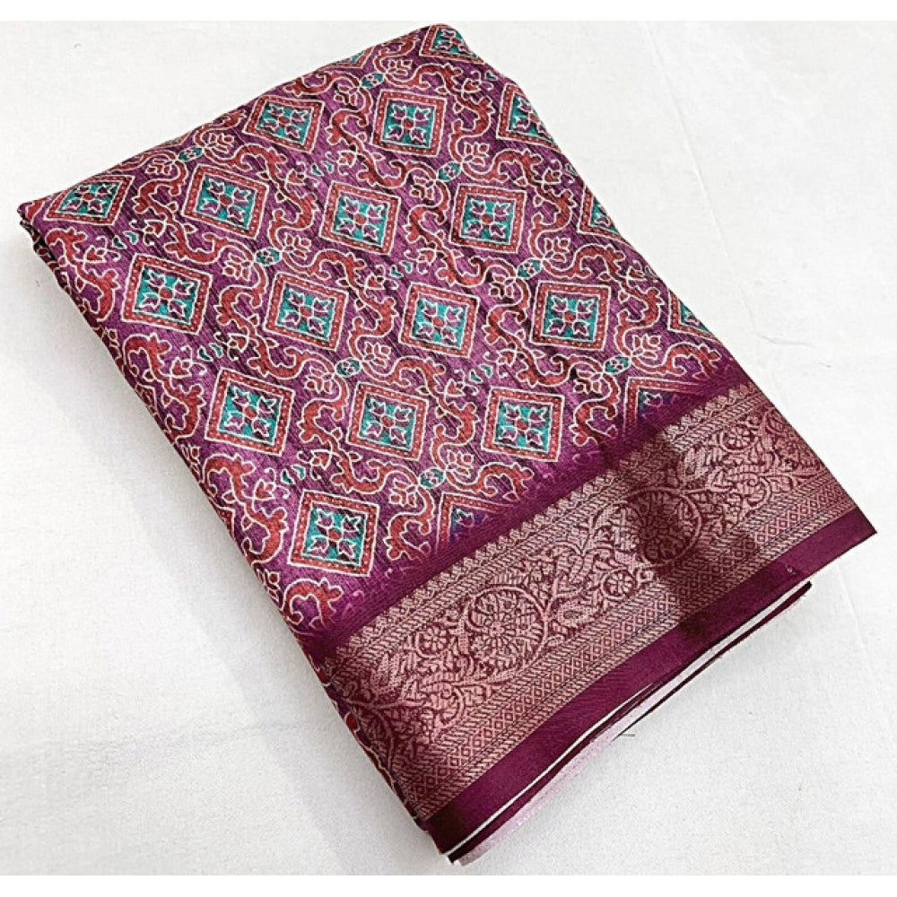 Generic Women's Cotton Blend Printed Saree With Unstitched Blouse 5.5Mtr (Wine)