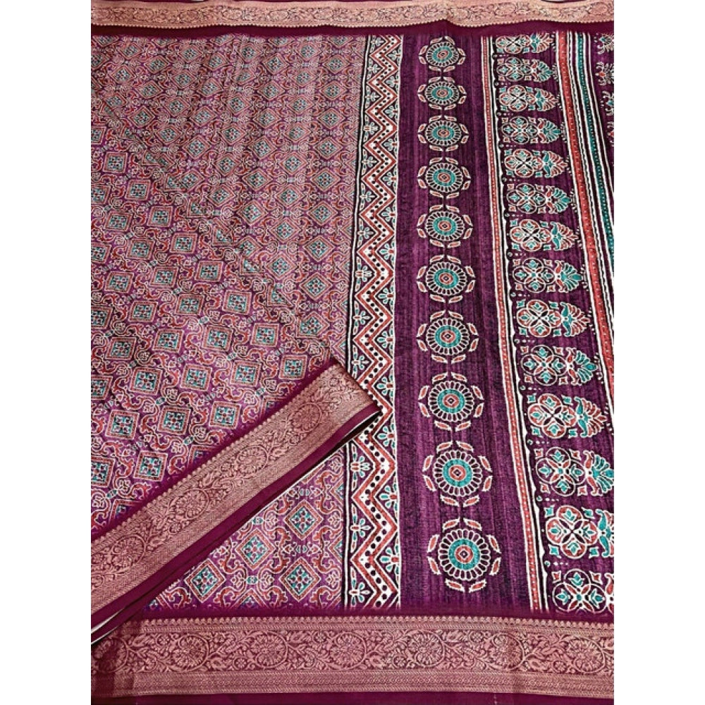 Generic Women's Cotton Blend Printed Saree With Unstitched Blouse 5.5Mtr (Wine)