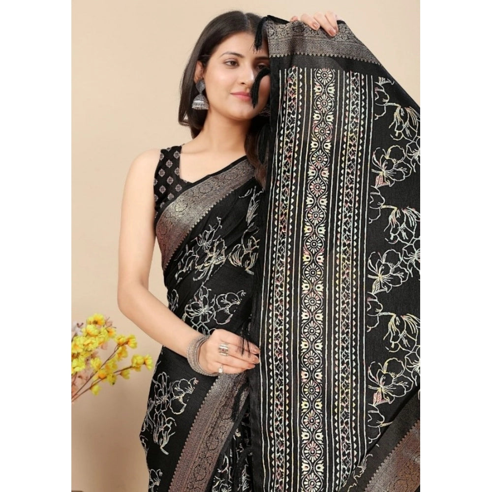 Generic Women's Cotton Silk Floral Printed Saree With Unstitched Blouse 5.5Mtr (Black)