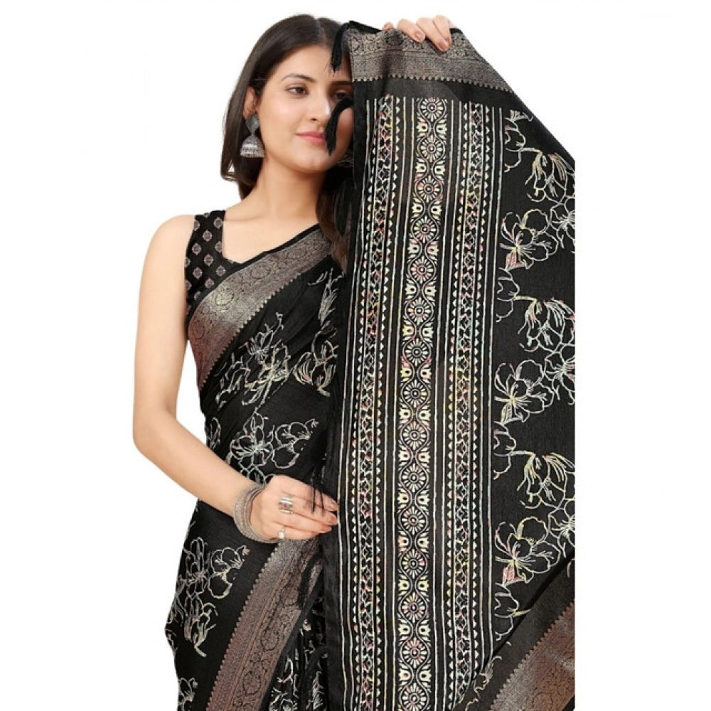 Generic Women's Cotton Silk Floral Printed Saree With Unstitched Blouse 5.5Mtr (Black)