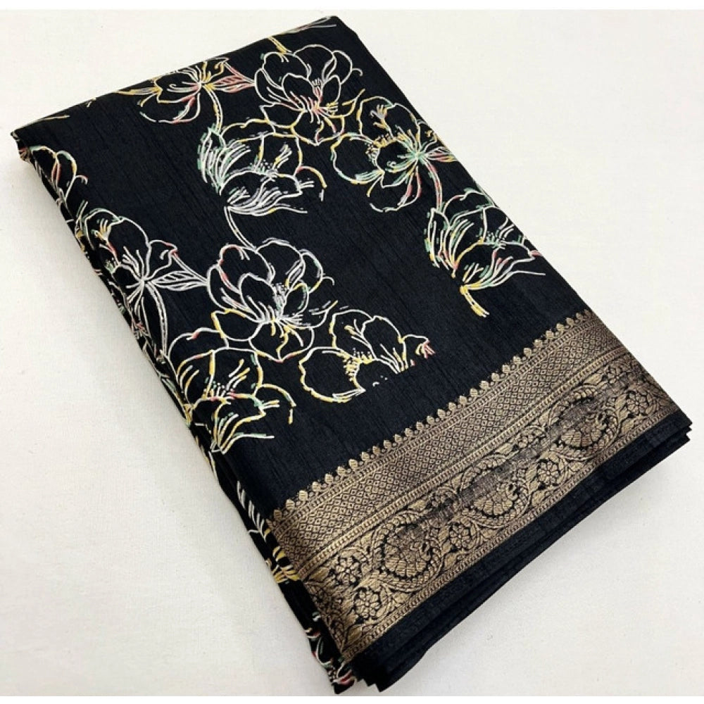Generic Women's Cotton Silk Floral Printed Saree With Unstitched Blouse 5.5Mtr (Black)