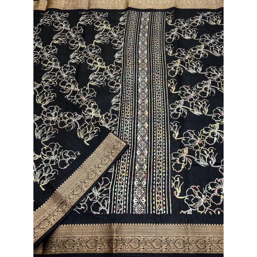 Generic Women's Cotton Silk Floral Printed Saree With Unstitched Blouse 5.5Mtr (Black)