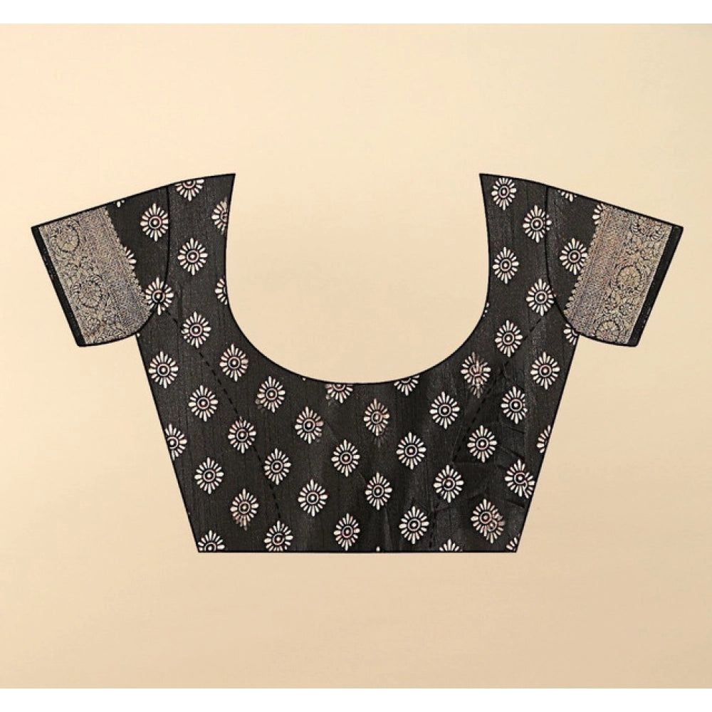 Generic Women's Cotton Silk Floral Printed Saree With Unstitched Blouse 5.5Mtr (Black)