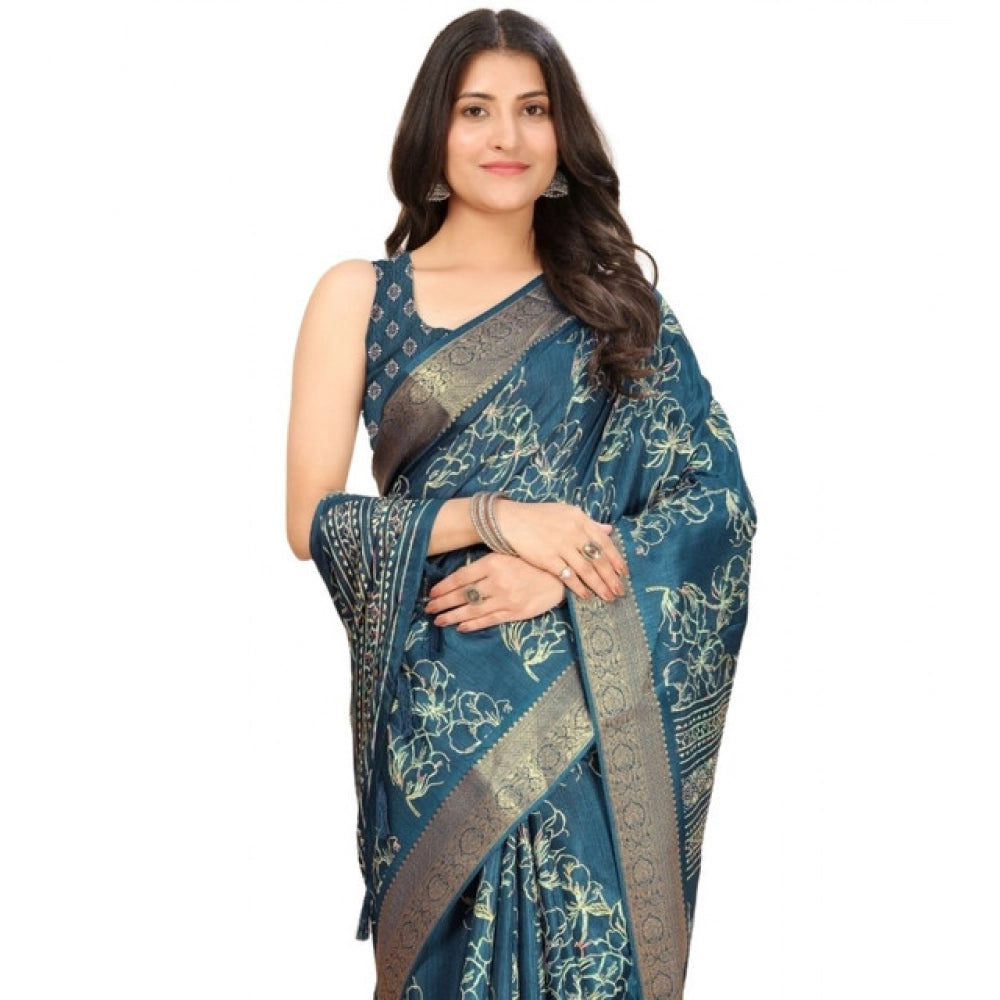 Generic Women's Cotton Silk Floral Printed Saree With Unstitched Blouse 5.5Mtr (Blue)