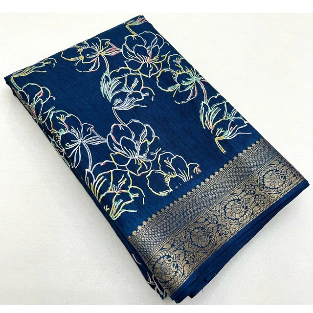 Generic Women's Cotton Silk Floral Printed Saree With Unstitched Blouse 5.5Mtr (Blue)