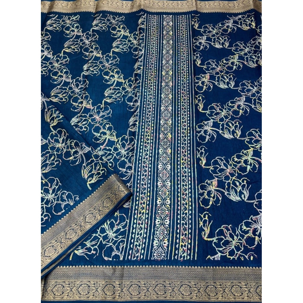 Generic Women's Cotton Silk Floral Printed Saree With Unstitched Blouse 5.5Mtr (Blue)
