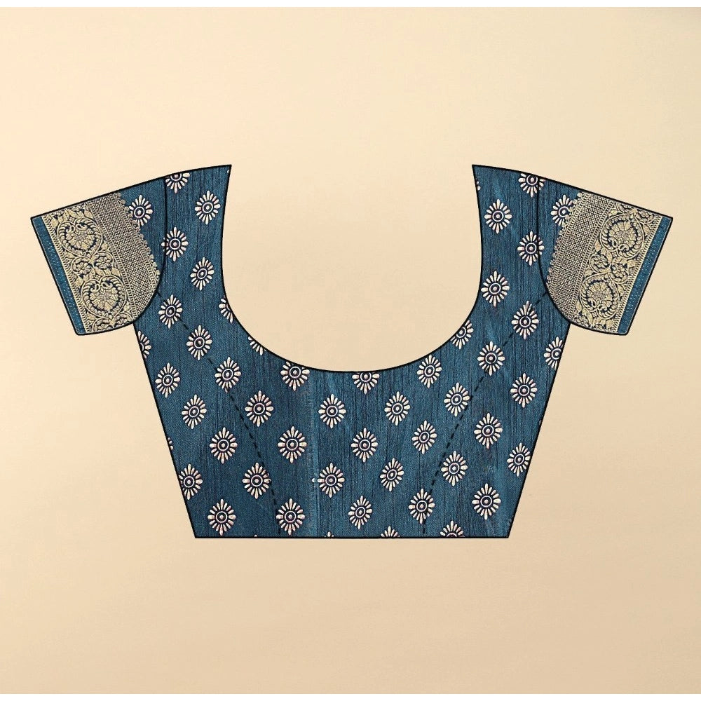 Generic Women's Cotton Silk Floral Printed Saree With Unstitched Blouse 5.5Mtr (Blue)