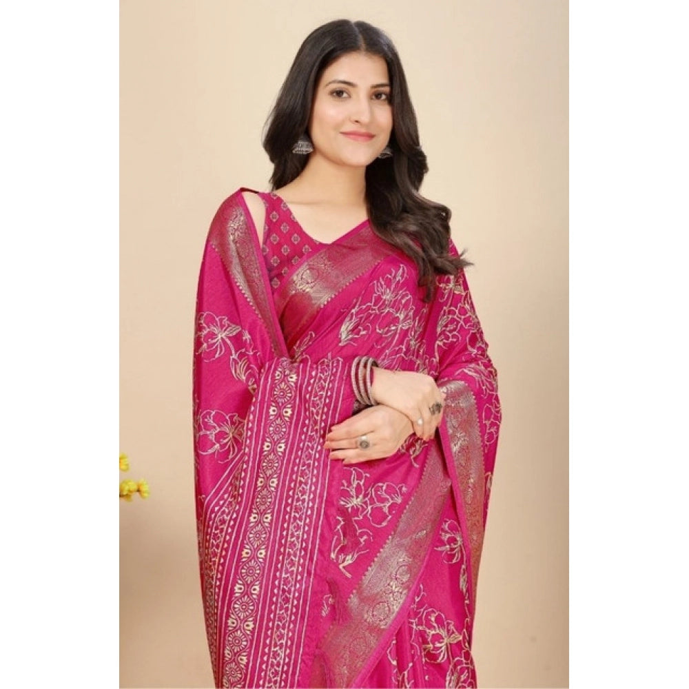 Generic Women's Cotton Silk Floral Printed Saree With Unstitched Blouse 5.5Mtr (Pink)