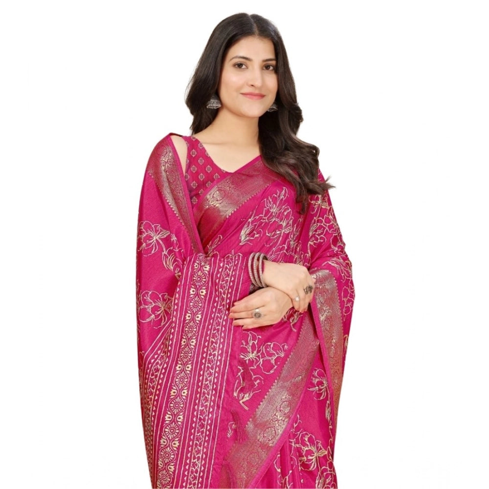 Generic Women's Cotton Silk Floral Printed Saree With Unstitched Blouse 5.5Mtr (Pink)