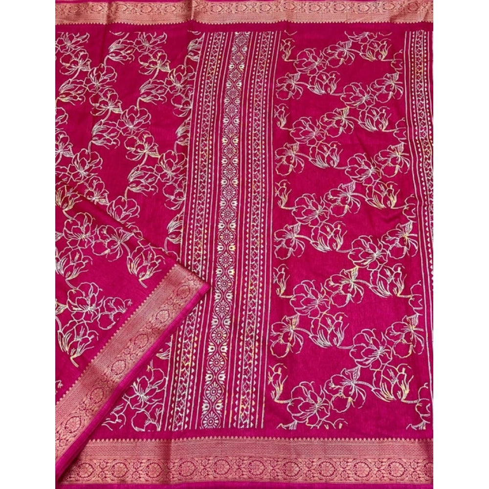 Generic Women's Cotton Silk Floral Printed Saree With Unstitched Blouse 5.5Mtr (Pink)