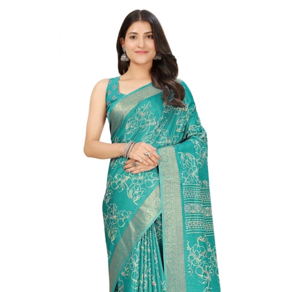 Generic Women's Cotton Silk Floral Printed Saree With Unstitched Blouse 5.5Mtr (Rama)