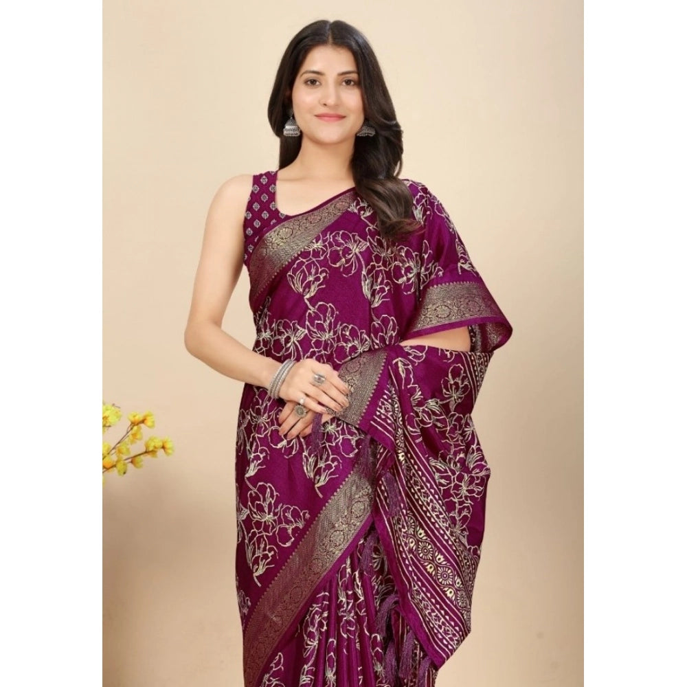 Generic Women's Cotton Silk Floral Printed Saree With Unstitched Blouse 5.5Mtr (Wine)