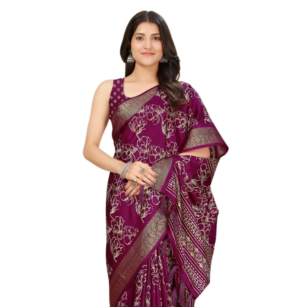 Generic Women's Cotton Silk Floral Printed Saree With Unstitched Blouse 5.5Mtr (Wine)