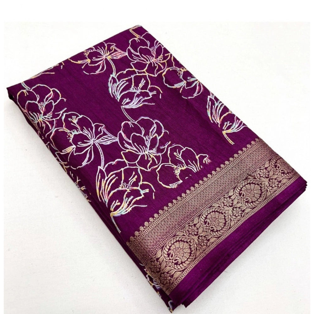 Generic Women's Cotton Silk Floral Printed Saree With Unstitched Blouse 5.5Mtr (Wine)