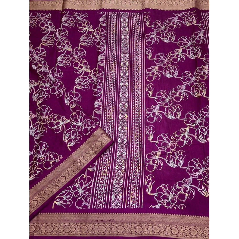 Generic Women's Cotton Silk Floral Printed Saree With Unstitched Blouse 5.5Mtr (Wine)