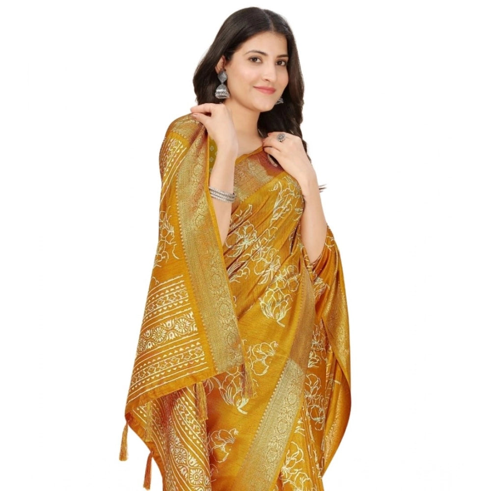 Generic Women's Cotton Silk Floral Printed Saree With Unstitched Blouse 5.5Mtr (Yellow)