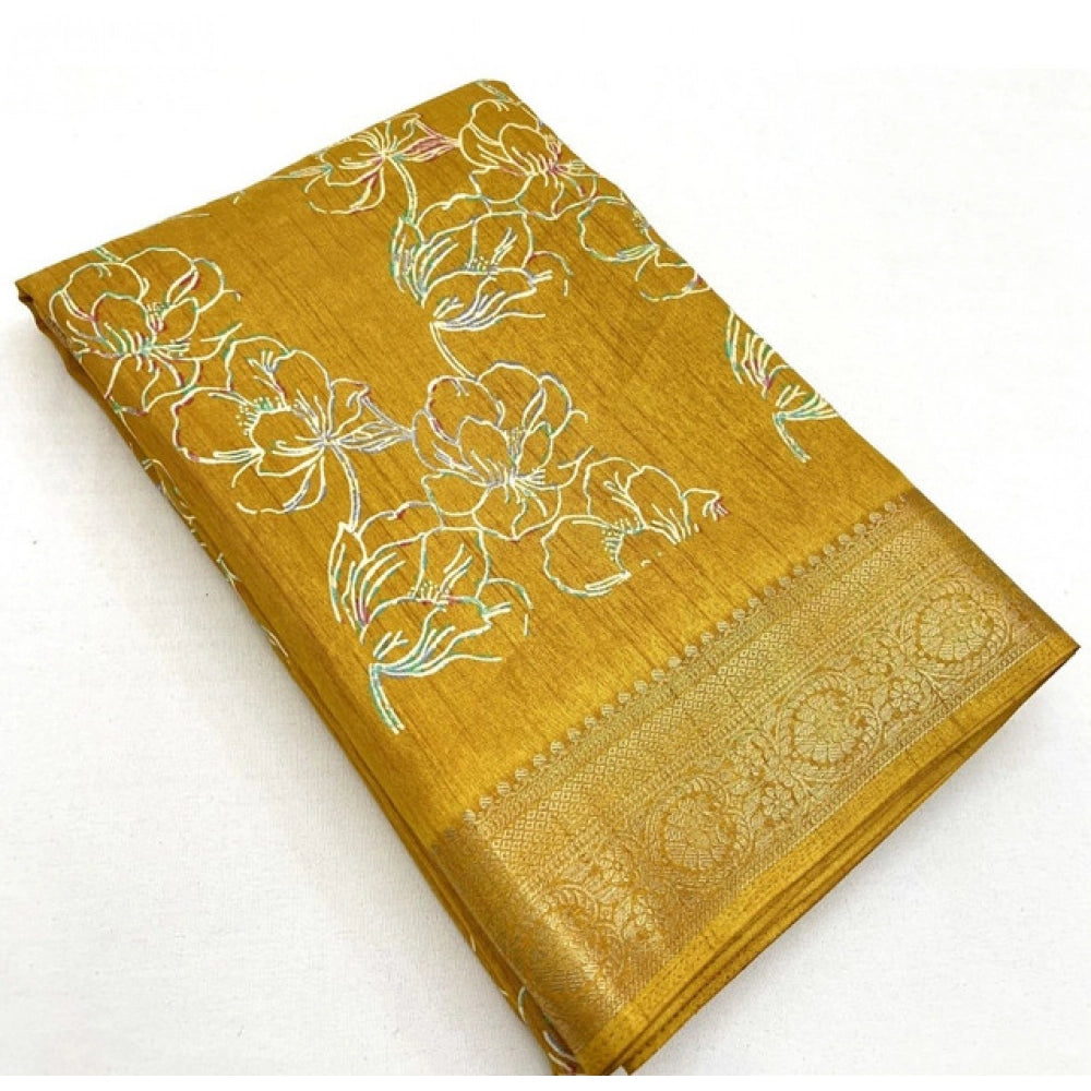 Generic Women's Cotton Silk Floral Printed Saree With Unstitched Blouse 5.5Mtr (Yellow)