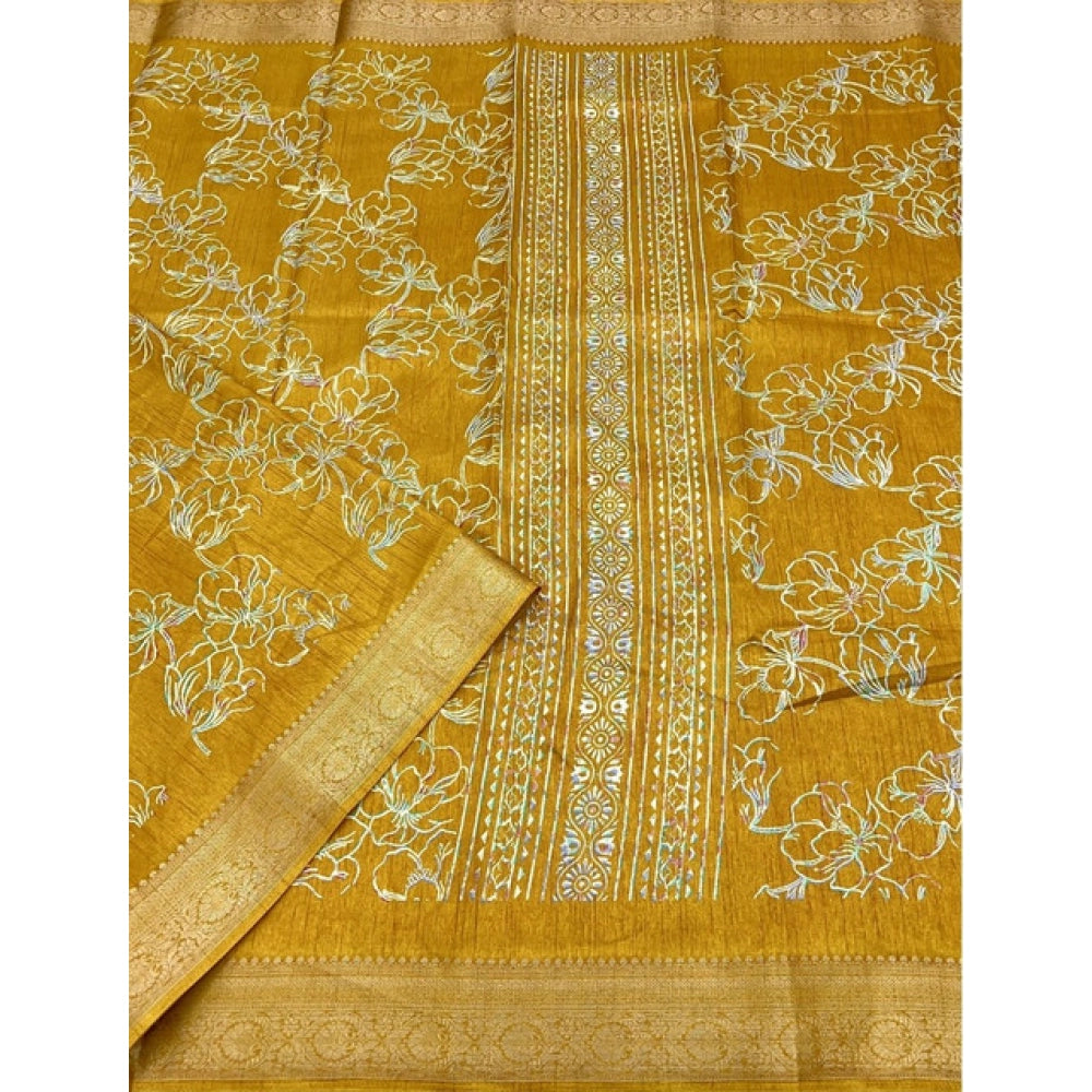 Generic Women's Cotton Silk Floral Printed Saree With Unstitched Blouse 5.5Mtr (Yellow)