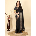 Generic Women's Cotton Blend Checkered Saree With Unstitched Blouse 5.5Mtr (Black)