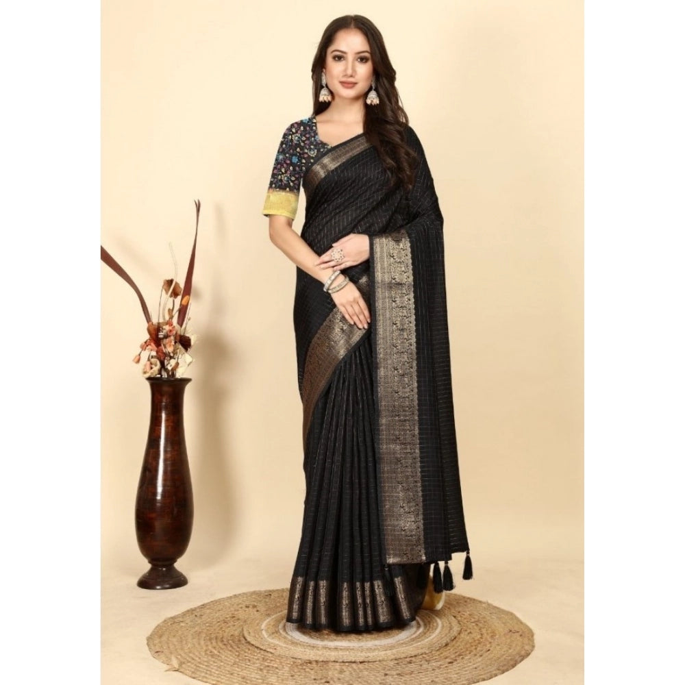 Generic Women's Cotton Blend Checkered Saree With Unstitched Blouse 5.5Mtr (Black)