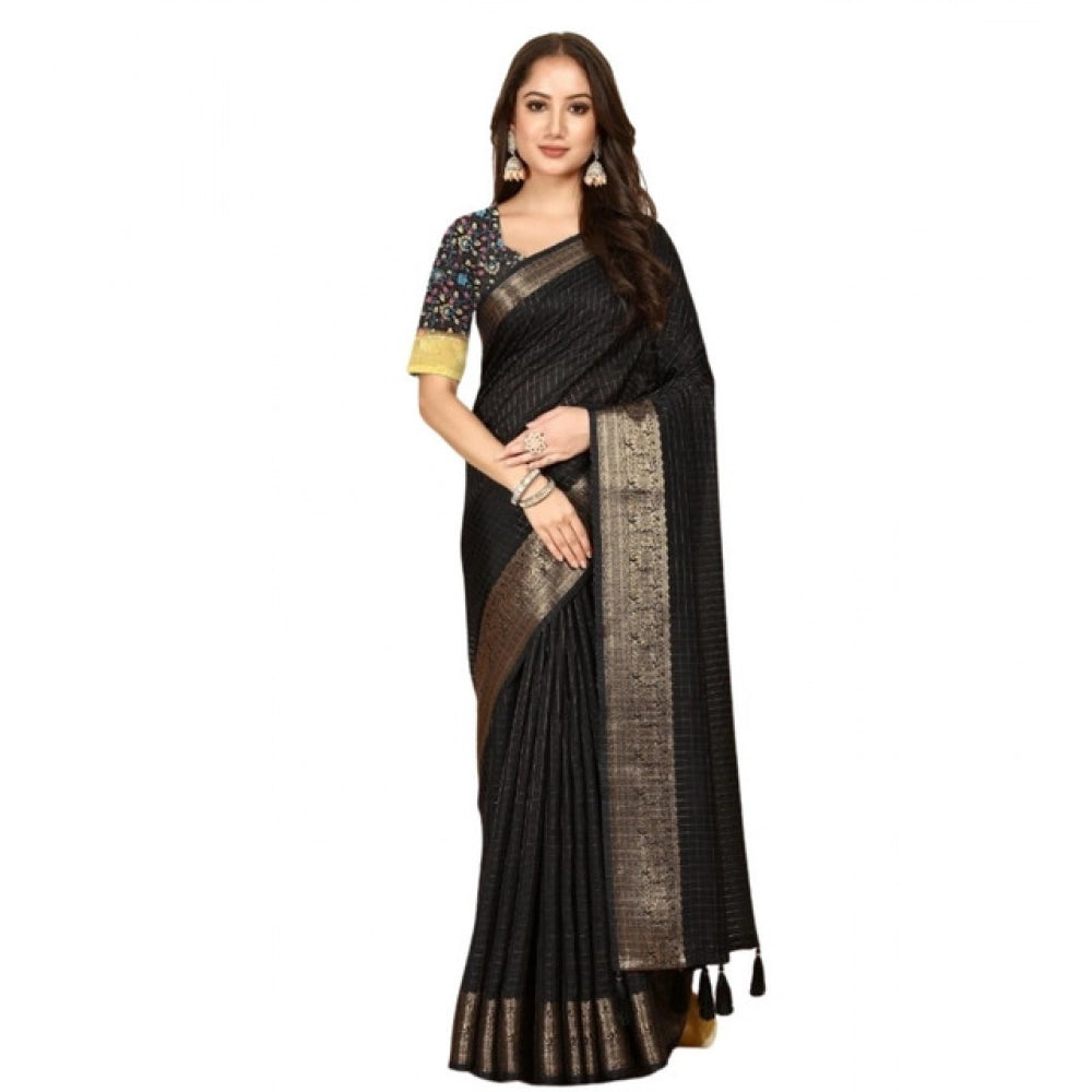 Generic Women's Cotton Blend Checkered Saree With Unstitched Blouse 5.5Mtr (Black)