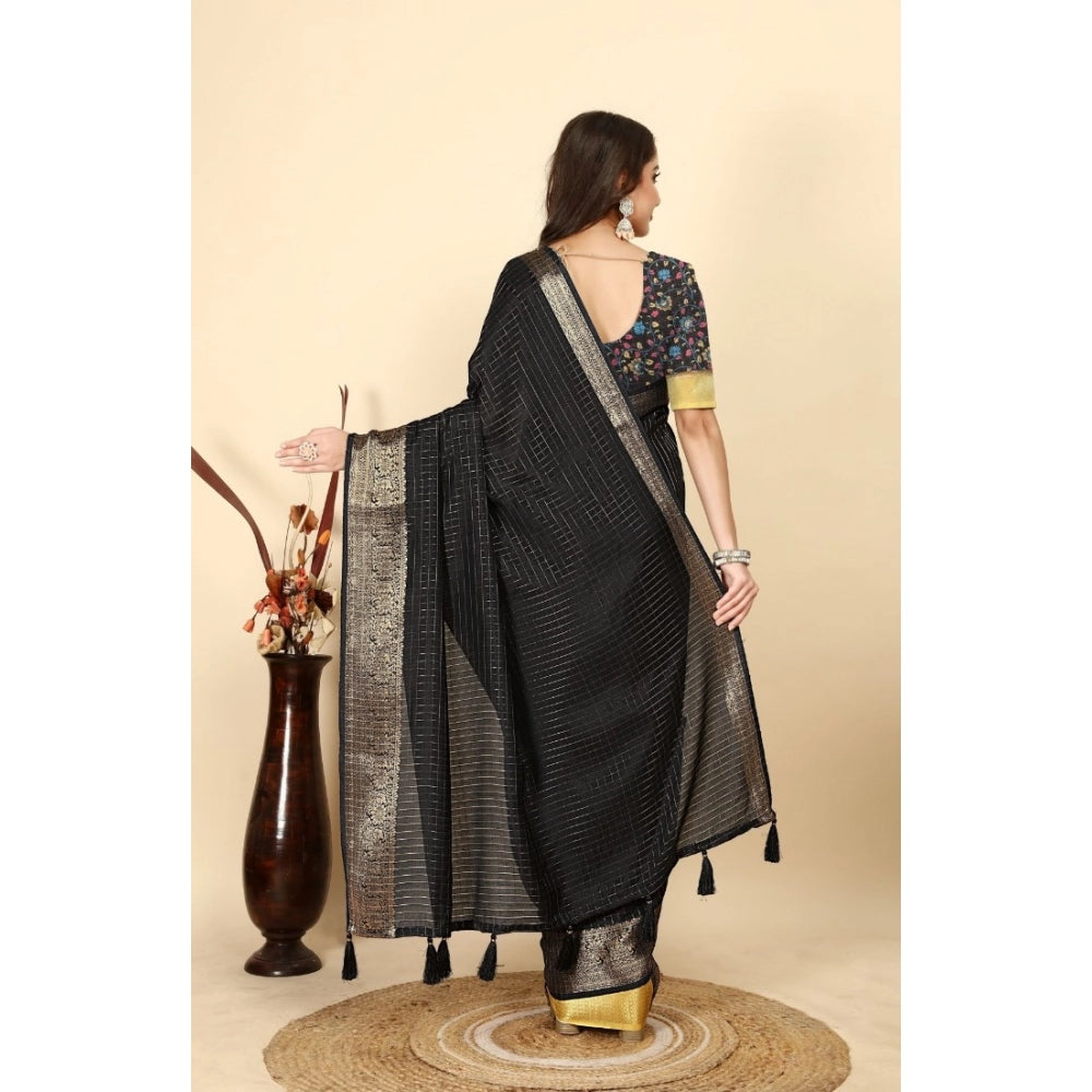 Generic Women's Cotton Blend Checkered Saree With Unstitched Blouse 5.5Mtr (Black)