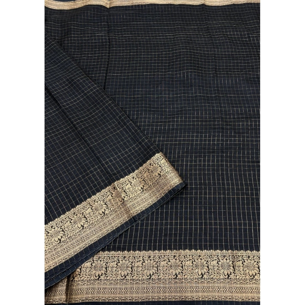 Generic Women's Cotton Blend Checkered Saree With Unstitched Blouse 5.5Mtr (Black)