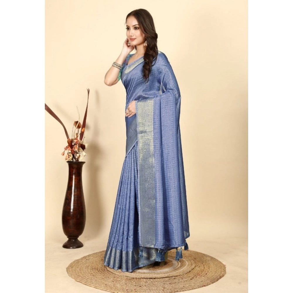 Generic Women's Cotton Blend Checkered Saree With Unstitched Blouse 5.5Mtr (Blue)