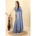 Generic Women's Cotton Blend Checkered Saree With Unstitched Blouse 5.5Mtr (Blue)