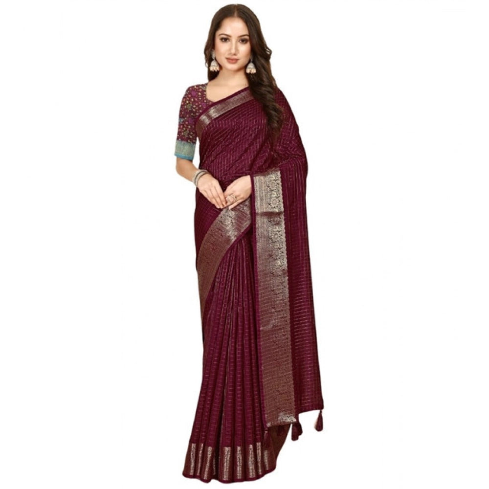 Generic Women's Cotton Blend Checkered Saree With Unstitched Blouse 5.5Mtr (Maroon)