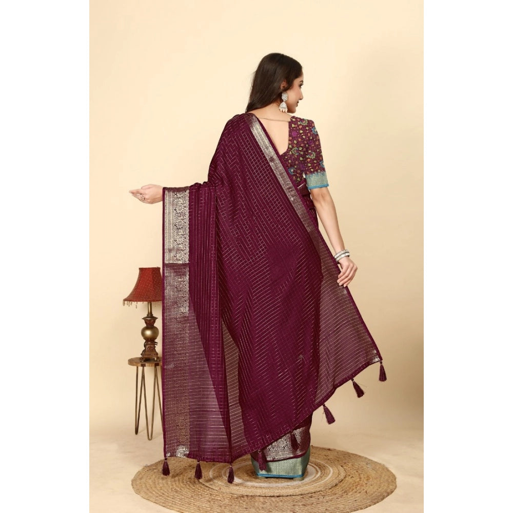 Generic Women's Cotton Blend Checkered Saree With Unstitched Blouse 5.5Mtr (Maroon)
