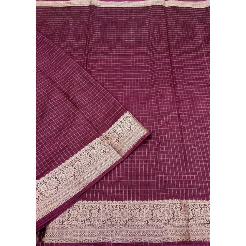 Generic Women's Cotton Blend Checkered Saree With Unstitched Blouse 5.5Mtr (Maroon)